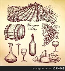 Wine sketch collection with barrel drink glass and bottle isolated vector illustration. Wine Sketch Collection