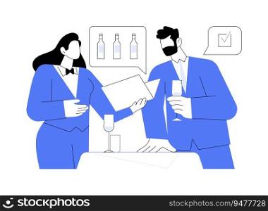 Wine suggestions abstract concept vector illustration. Restaurant sommelier showing wine list to a client, service sector, horeca business, professional people, drinking alcohol abstract metaphor.. Wine suggestions abstract concept vector illustration.