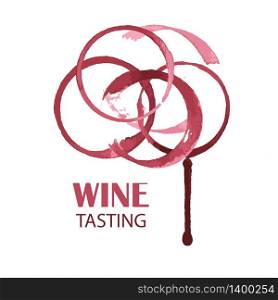 Wine tasting card design. Watercolor logo for winery or wineyard from red drops, splashes and stains isolated on white background. Vector illustration. Wine tasting card design. Watercolor logo for winery or wineyard from wine stains isolated on white background.