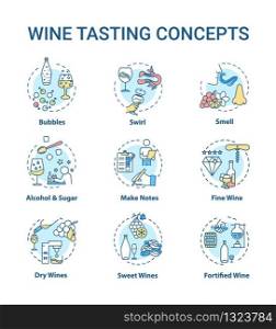 Wine tasting concept icons set. Drink quality evaluation, alcoholic beverage degustation, winetasting idea thin line RGB color illustrations. Vector isolated outline drawings. Editable stroke