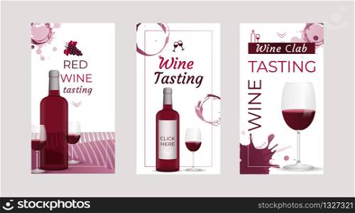 Wine Tasting invitation storys templates with wwine bottles and wine glasses. Brochures, posters, invitation cards, promotion banners, menus. Wine stains background. Vector illustration.. Wine Tasting invitation storys templates with wine designs