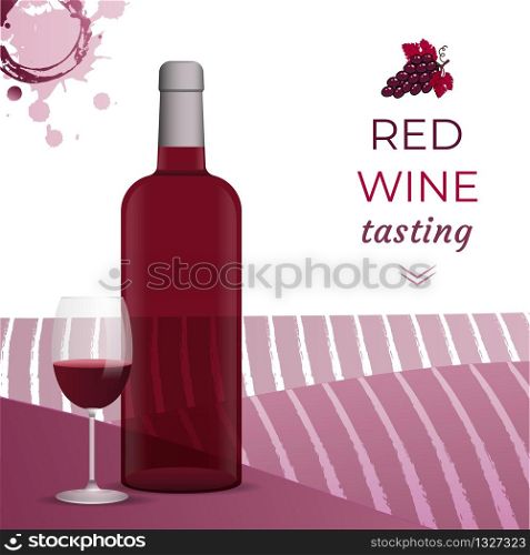 Wine Tasting invitation template with wine bottles and wine glasses. For Brochure, poster, invitation cards, promotion banner, menu. Red Wine stain background. Vector illustration.. Wine Tasting invitation template with wine designs