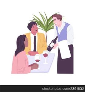 Wine tasting isolated cartoon vector illustrations. Professional sommelier presents wine to couple, drinking alcohol in the restaurant, people lifestyle, entertainment in a bar vector cartoon.. Wine tasting isolated cartoon vector illustrations.