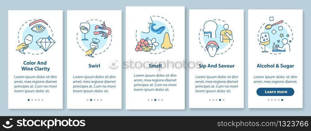 Wine tasting onboarding mobile app page screen with concepts. Determine beverage smell and taste walkthrough 5 steps graphic instructions. UI vector template with RGB color illustrations