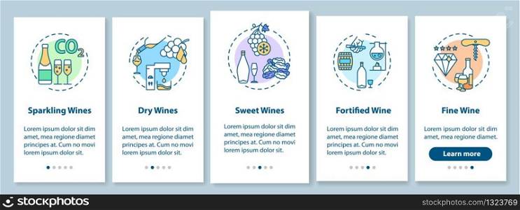 Wine tasting onboarding mobile app page screen with concepts. Grape alcohol different types. walkthrough 5 steps graphic instructions. UI vector template with RGB color illustrations
