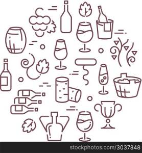 Wine vector logo with outline icons. Wine vector logo with outline icons. Outline logo with wine, illustration bottle of wine and accessories