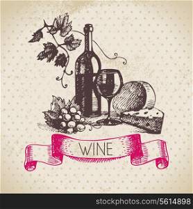 Wine vintage background. Hand drawn sketch illustration