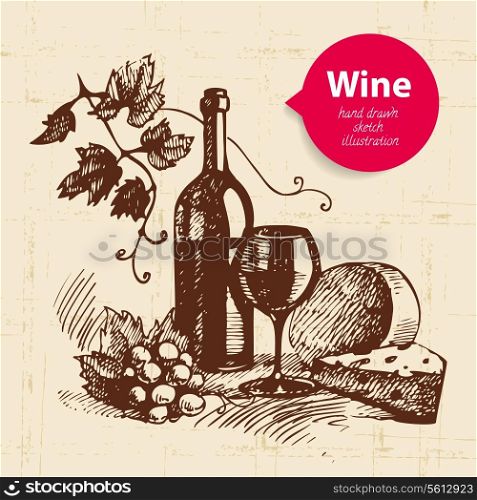 Wine vintage background with banner. Hand drawn sketch illustration