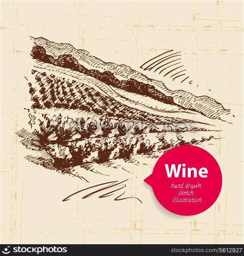 Wine vintage background with banner. Hand drawn sketch illustration of landscape