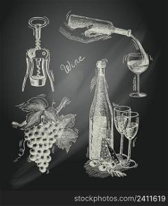 Wine vintage chalkboard decorative icons set of corkscrew bottle grape branch isolated vector illustration