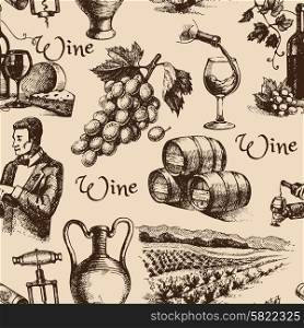 Wine vintage hand drawn sketch seamless pattern
