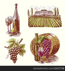 Wine vintage sketch decorative hand drawn icons set of barrel grape branch winery isolated vector illustration