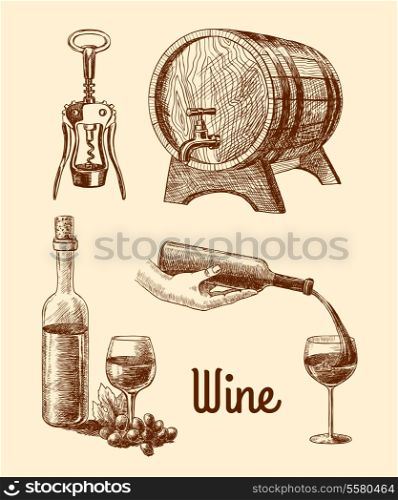 Wine vintage sketch decorative icons set of corkscrew barrel bottle isolated vector illustration