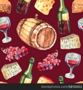 Wine Watercolor Seamless Pattern . Wine watercolor seamless pattern with cheese grapes bottles and glass vector illustration