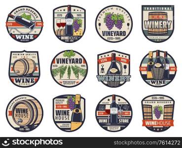 Wine, winemaking and viticulture isolated vector icons. Shop, wine bottles, glasses and grapes, champagne, cheese, bread and vineyard vines. Alcohol drink and food snack, grand reserve labels set. Wine, winemaking and viticulture vector icons set