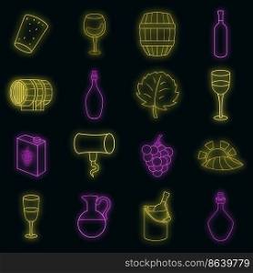 Wine yard icons set. Illustration of 16 wine yard vector icons neon color on black. Wine yard icons set vector neon