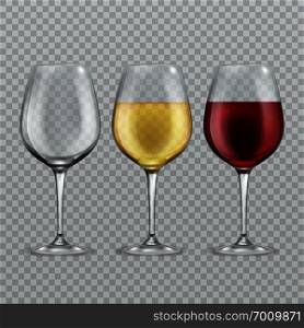 Wineglass. Empty with red and white wine in transparant wineglasses isolated glassware vector set. Wineglass. Empty with red and white wine in transparant wineglasses isolated glassware vector illustration