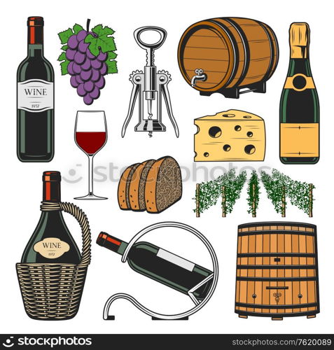 Winemaking and winery icons. Vector red and white sparkling wine accessories, champagne bottle in holder, vault wooden barrel with corkscrew and vineyard grape vines, bread and cheese snack. Wine accessories, winemaking bottle and barrel