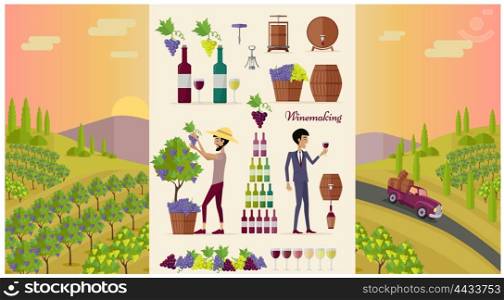Winemaking design concept and icon set. Grape for wine, drink alcohol vine and glass bottle for winemaking, winery beverage barrel, viticulture production and preparation, vector illustration