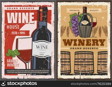 Winemaking house and wine grand reserve vault vintage posters. Vector wine production factory, wooden barrels and red wine glass, vineyard grape leaf and premium quality ribbon. Wine house barrel and winery grand reserve drinks