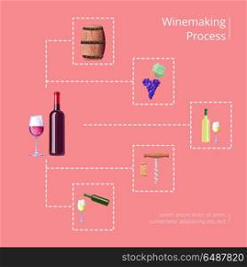 Winemaking Process Vector Illustration on Red. Winemaking process text and icons of barrel and grapes, bottle and corkscrew, pouring drink in glass, connected by lines vector illustration