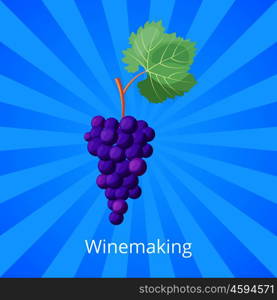 Winemaking process visualization with bunch of ripe purple grape with huge green leaf. Vector illustration with icon of berries on blue background. Winemaking Process Icon Vector Illustration