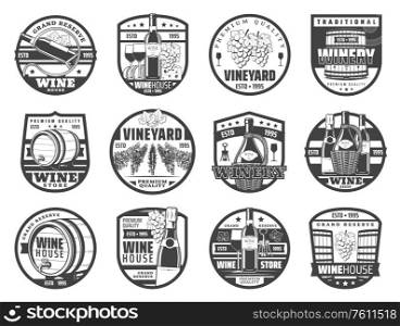 Winery and wine house vector icons and labels. Vineyard farm grand reserve, wooden barrel and corkscrew opener, wine bottle and glass with vintage grapes wine basket. Wine production, winery farm and store icons