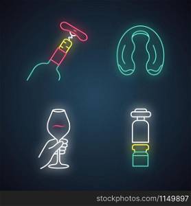 Winery and wine service neon light icons set. Hand holding glass of cocktail. Bottle with corkscrew. Decanter, foil cutter. Barman, restaurant. Glowing signs. Vector isolated illustrations