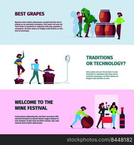 Winery banners. Rural industrial wine production processes growing delicious natural grape for preparing alcoholic drinks vector design templates with place for text. Illustration of wine production. Winery banners. Rural industrial wine production processes growing delicious natural grape for preparing alcoholic drinks garish vector design templates with place for text