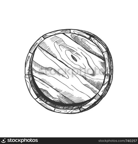 Winery Drawn Wooden Oak Barrel Front View Vector. Classical Barrel With Metal Rings For Production And Storage Wine. Closeup Drink Container Of Distillery Factory Monochrome Illustration. Winery Drawn Wooden Oak Barrel Front View Vector