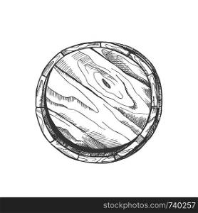 Winery Drawn Wooden Oak Barrel Front View Vector. Classical Barrel With Metal Rings For Production And Storage Wine. Closeup Drink Container Of Distillery Factory Monochrome Illustration. Winery Drawn Wooden Oak Barrel Front View Vector