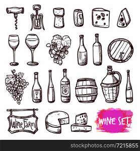 Winery farm black doodle pictograms collection for restaurant wine consumption with cheese chasers abstract vector isolated illustration. Wine black doodle icons set