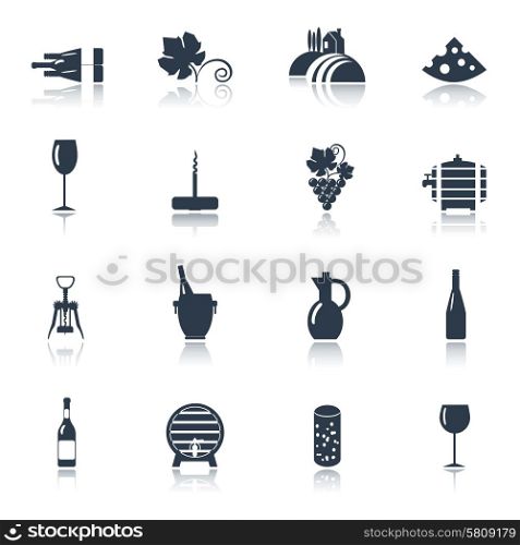 Winery farm production for restaurant wine consumption with cheese chasers black icons set abstract vector isolated illustration. Wine black icons set