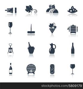 Winery farm production for restaurant wine consumption with cheese chasers black icons set abstract vector isolated illustration. Wine black icons set