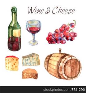 Winery farm production watercolor pictograms collection for restaurant wine consumption with cheese chasers sketch abstract vector illustration. Wine and cheese watercolor pictograms set