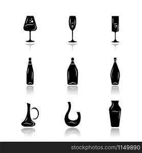Winery glassware drop shadow black glyph icons set. Different types of wine. Decanters, bottles, glasses. Aperitif drinks, cocktails, alcohol beverages. Isolated vector illustrations