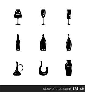 Winery glassware glyph icons set. Different types of wine. Decanters, bottles, glasses. Aperitif drinks, cocktails, alcohol beverages. Silhouette symbols. Vector isolated illustration