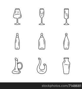 Winery glassware linear icons set. Party, bar, restaurant decanters, bottles, glasses thin line contour symbols. Types of wine. Isolated vector outline illustrations. Editable stroke