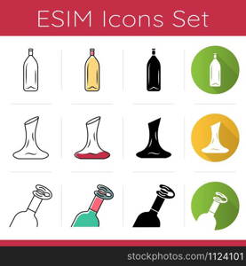 Winery icons set. Foil cutter, wine bottle, decanter. Barman and sommelier equipment. Pub tableware and glassware. Flat design, linear, black and color styles. Isolated vector illustrations