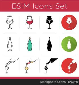 Winery icons set. Sommelier, barman. Aperitif, alcohol, cocktail. Pub glassware. Party, celebration, event tableware. Flat design, linear, black and color styles. Isolated vector illustrations