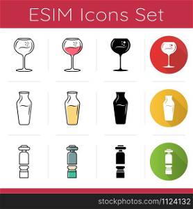 Winery tools icons set. Wine glass, decanter, wine preserver. Sommelier and barman tableware. Alcohol, cocktail. Flat design, linear, black and color styles. Isolated vector illustrations