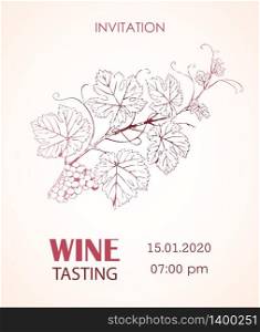 Winetasting invitation. Bunch of grapes for card, banner, labels of wine. Vintage style illustration. Wine. Bunch of grapes for labels of wine. Vintage labels