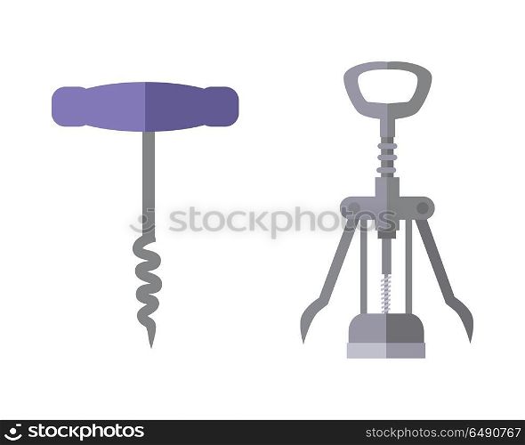 Wing and Basic Corkscrew. Wing and basic corkscrew in flat. Corkscrew icon. Corkscrew for opening bottles with cork. Metal modern corkscrew. Isolated object in flat design on white background. Vector illustration.