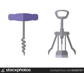 Wing and Basic Corkscrew. Wing and basic corkscrew in flat. Corkscrew icon. Corkscrew for opening bottles with cork. Metal modern corkscrew. Isolated object in flat design on white background. Vector illustration.