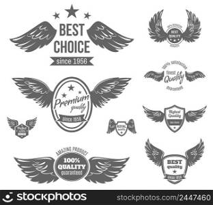 Wing black label best choice premium perfect royal quality guaranteed set isolated vector illustration