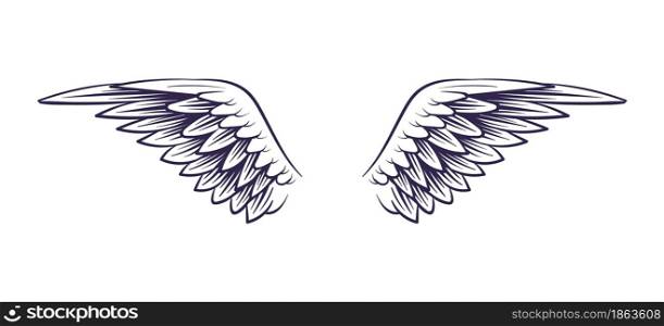 Wing hand drawn. Angel wings with feathers, sketch style elements for logo, label or tattoo. Stencil silhouettes vintage item. Emblem or label element. Vector isolated on white background illustration. Wing hand drawn. Angel wings with feathers, sketch style elements for logo, label or tattoo. Stencil silhouettes vintage item. Emblem or label element. Vector isolated illustration