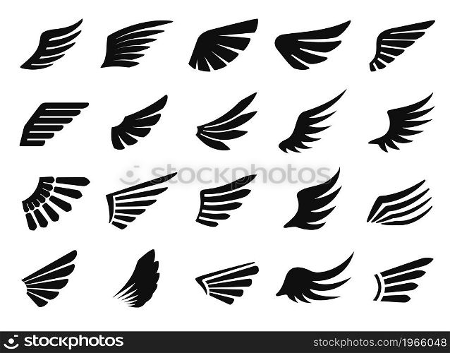 Wing icon, bird wings logo, flying eagle emblem. Black minimal birds feathers badge, heraldic hawk or phoenix wing silhouette icons vector set. Angelic elements of different shapes