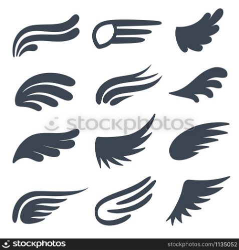 Wing icons. Different shapes of black wings emblems, birds feather heraldic symbol, vintage tattoo element. Angel logo decorative vector flight doodle eagle set. Wing icons. Different shapes of black wings emblems, birds feather heraldic symbol, vintage tattoo element. Angel logo decorative vector set