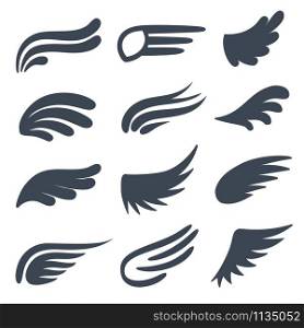 Wing icons. Different shapes of black wings emblems, birds feather heraldic symbol, vintage tattoo element. Angel logo decorative vector flight doodle eagle set. Wing icons. Different shapes of black wings emblems, birds feather heraldic symbol, vintage tattoo element. Angel logo decorative vector set