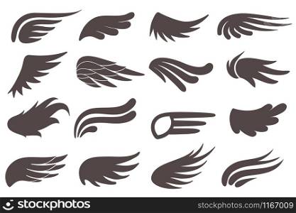 Wing icons. Different shapes of black wings, feather birds peace emblem, heraldic elements. Vintage tattoo and angel logo vector freedom flight symbols. Wing icons. Different shapes of black wings, feather birds peace emblem, heraldic elements. Vintage tattoo and angel logo vector symbols